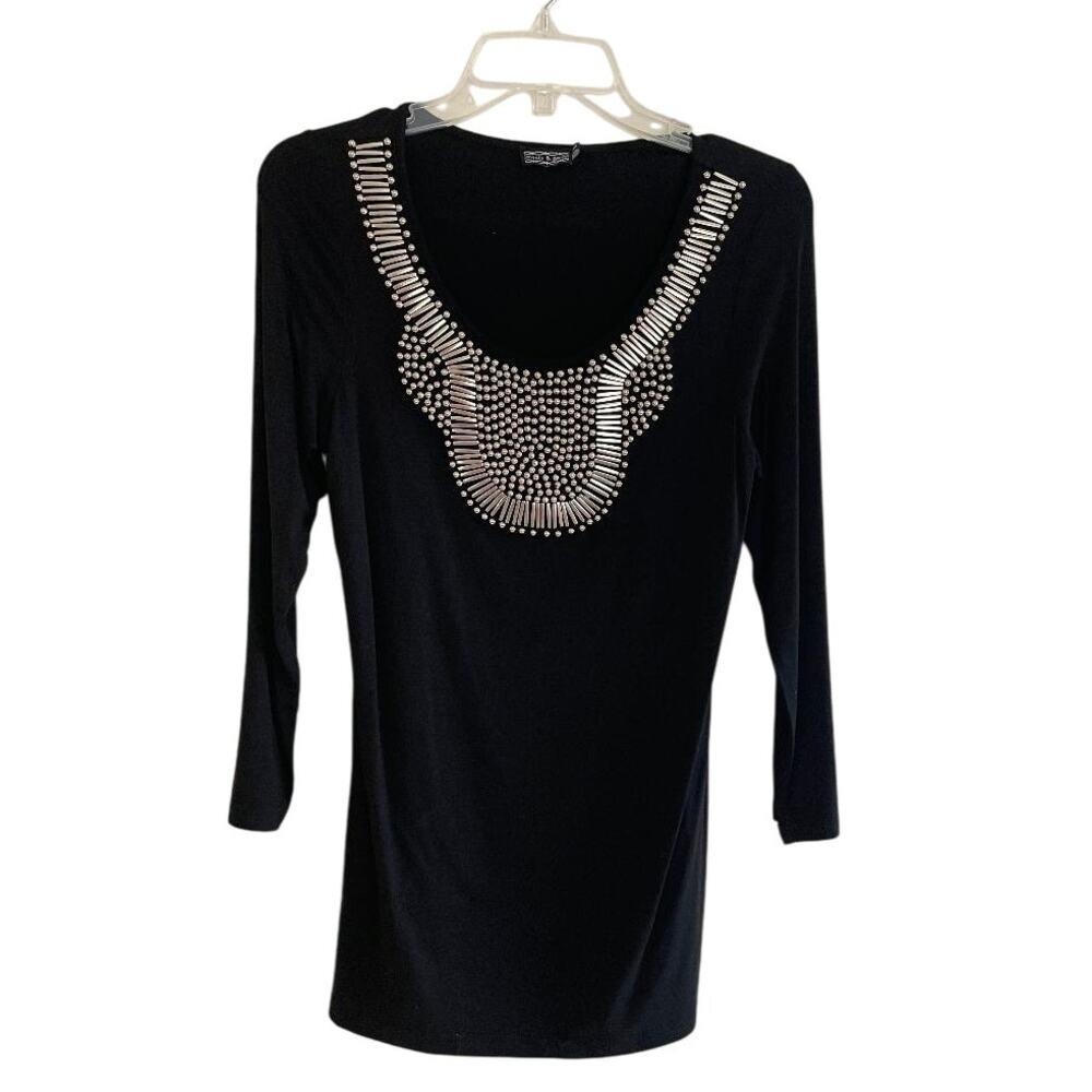 Jewels & Gems Black Silver Beaded Studded Bib Scoop Neck 3/4 Sleeve Top Large